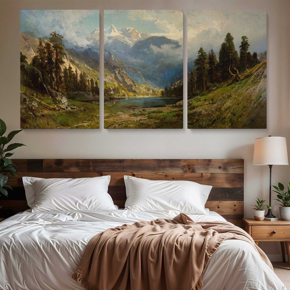 California Pines by William Keith — three-panel canvas above a bed