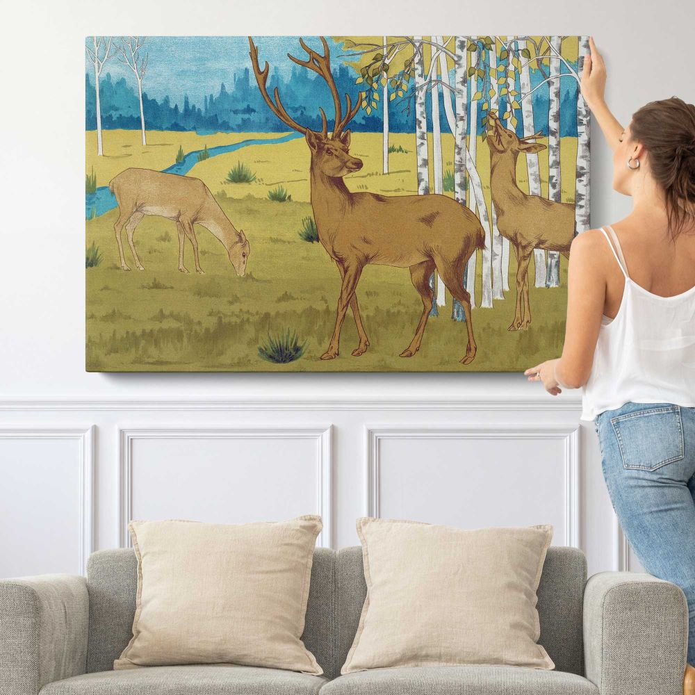 Cerfs from L'animal Dans La Décoration Illustrated by Maurice Pillard Verneuil - single-panel canvas shown with a person for scale