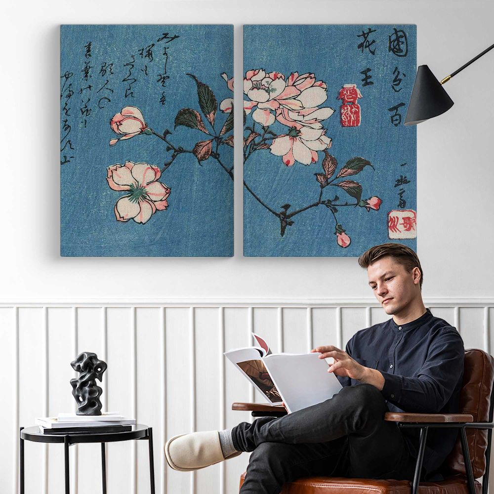 Cherry Blossoms Woodblock Print by Utagawa Hiroshige - two-panel canvas displayed in a reading room