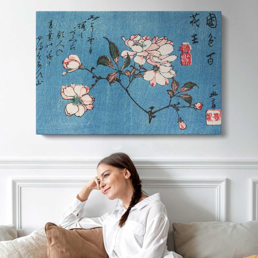 Cherry Blossoms Woodblock Print by Utagawa Hiroshige - single-panel canvas displayed above a sofa