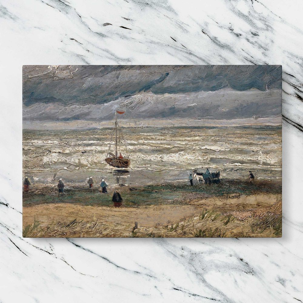 Beach at Scheveningen in Stormy Weather canvas artwork displayed on a marble background