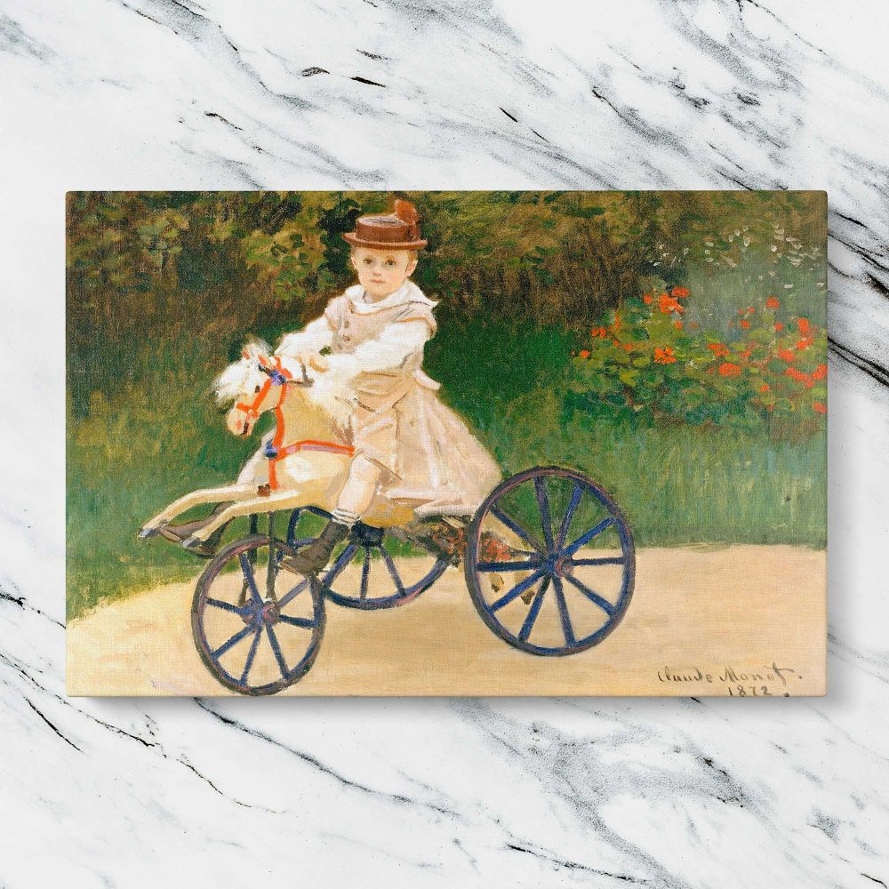 Jean Monet on His Hobby Horse canvas artwork displayed on a marble background