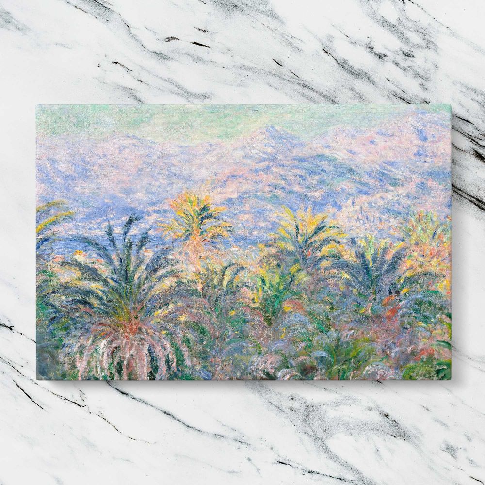 Palm Trees at Bordighera canvas artwork displayed on a marble background