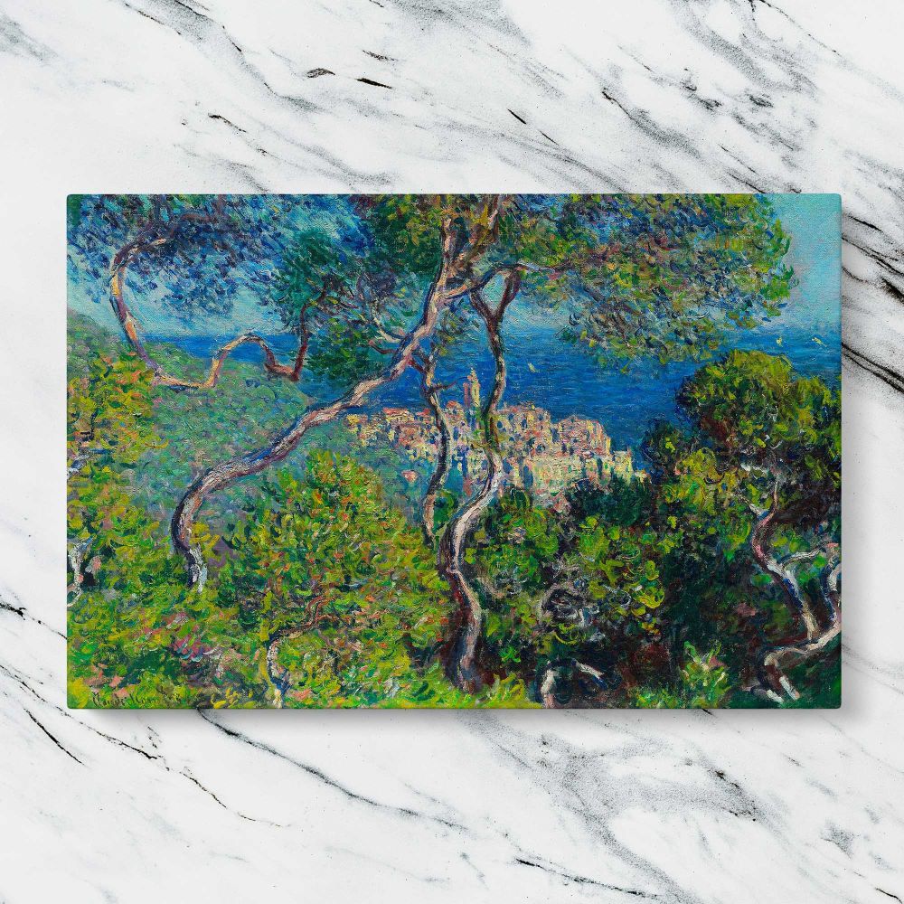 Bordighera canvas artwork displayed on a marble background