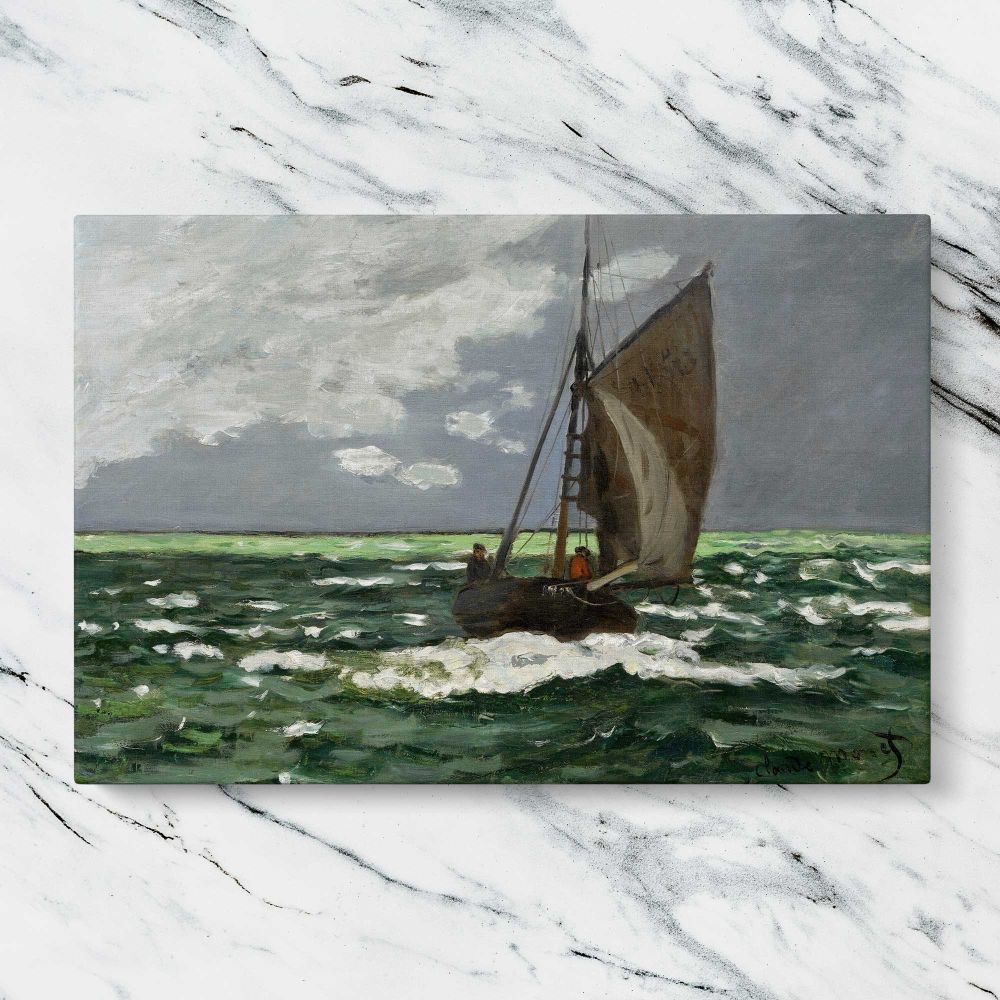 Seascape Storm canvas artwork displayed on a marble background