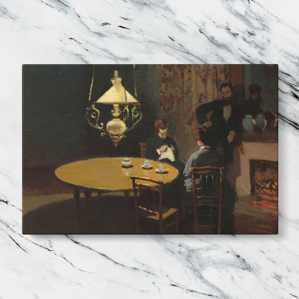 Interior after Dinner canvas artwork displayed on a marble background
