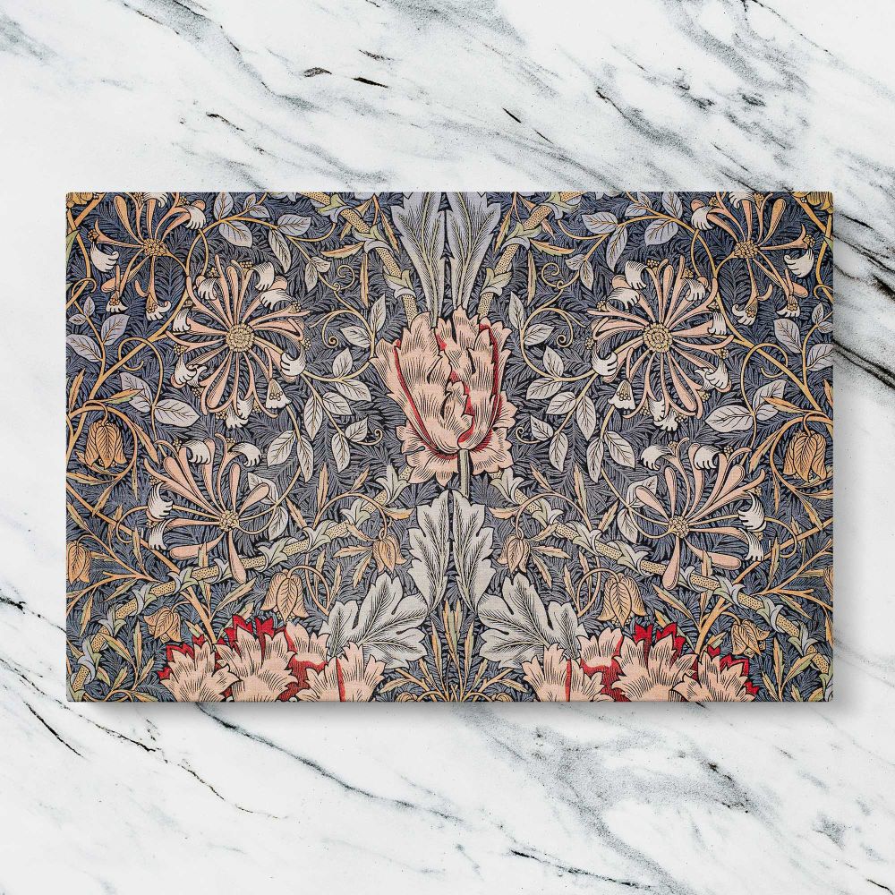 Honeysuckle Printed Linen Pattern canvas artwork displayed on a marble background
