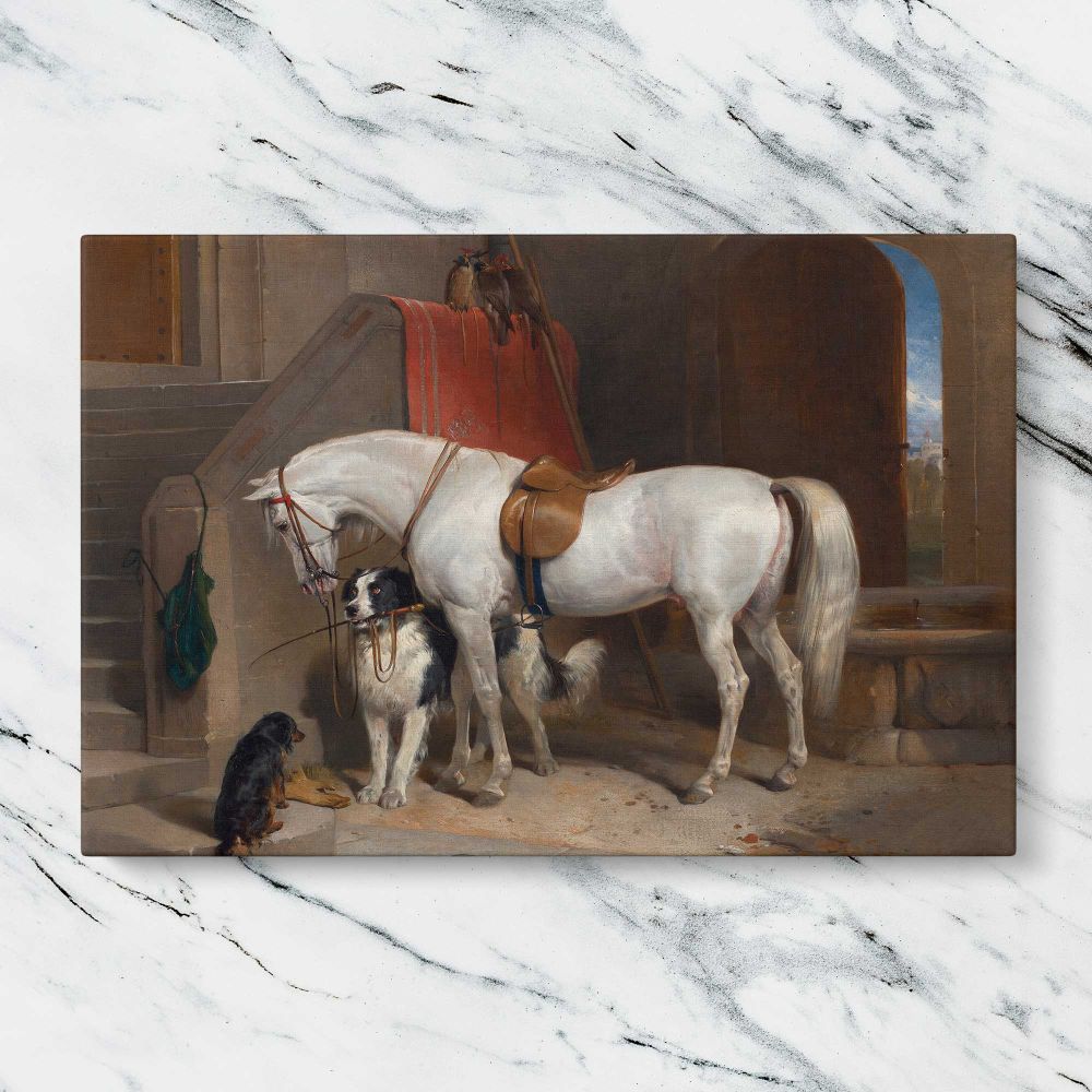 White Horse and Dogs in a Stable canvas artwork displayed on a marble background