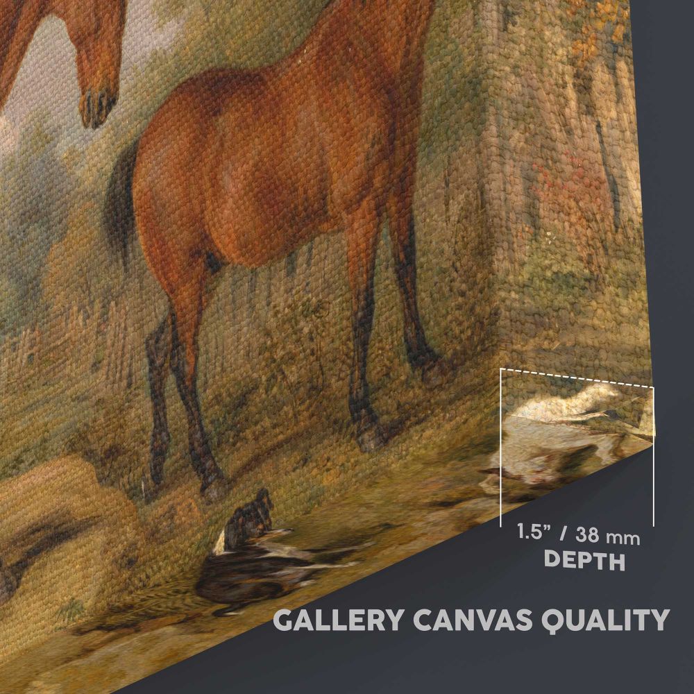 Horses and Dogs in a Pastoral Landscape canvas texture and wrapped edge closeup