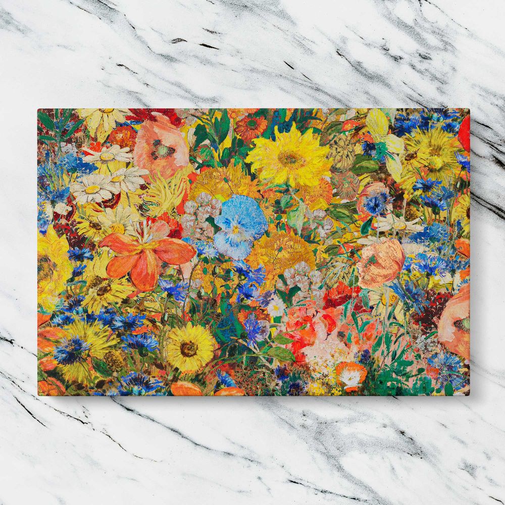Colourful Vintage Flower Collage canvas artwork displayed on a marble background