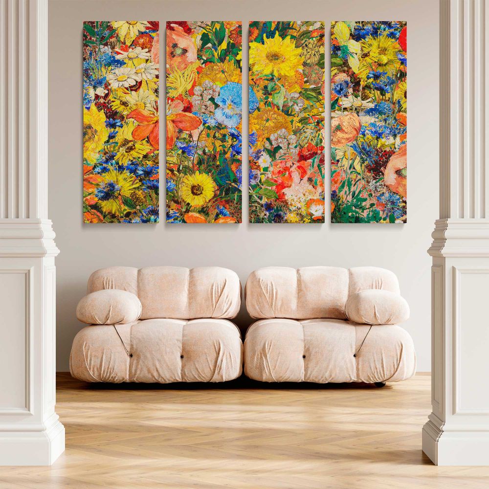 Colourful Vintage Flower Collage canvas wall art in room setting 5
