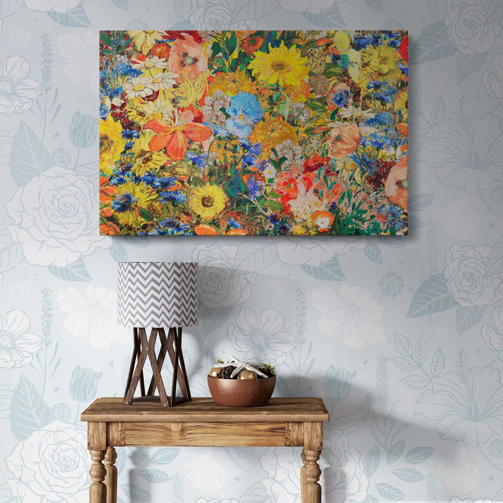 Colourful Vintage Flower Collage canvas wall art in room setting 6