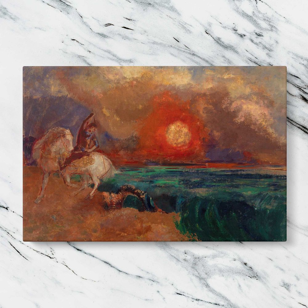 Saint George and the Dragon canvas artwork displayed on a marble background