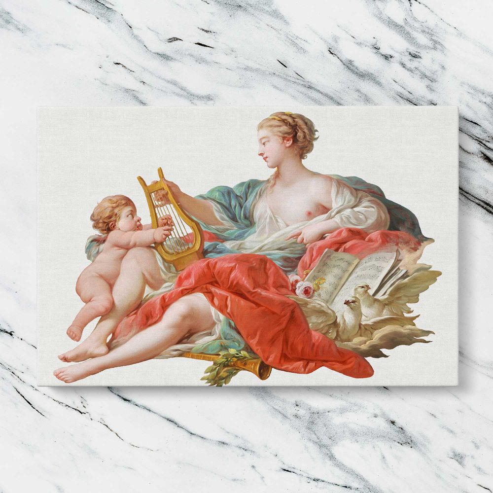 Allegory of Music canvas artwork displayed on a marble background