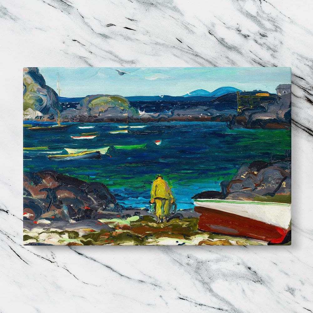 The Harbor canvas artwork displayed on a marble background