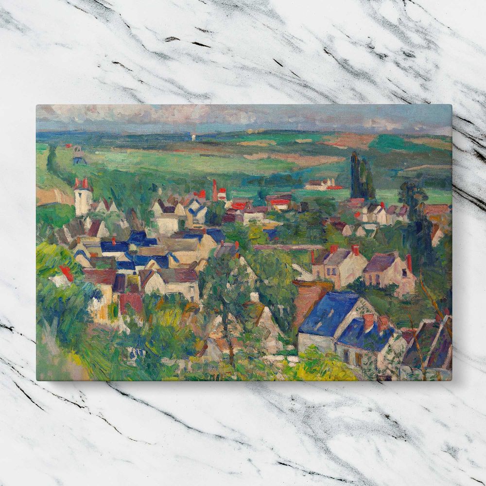 Auvers Panoramic View canvas artwork displayed on a marble background