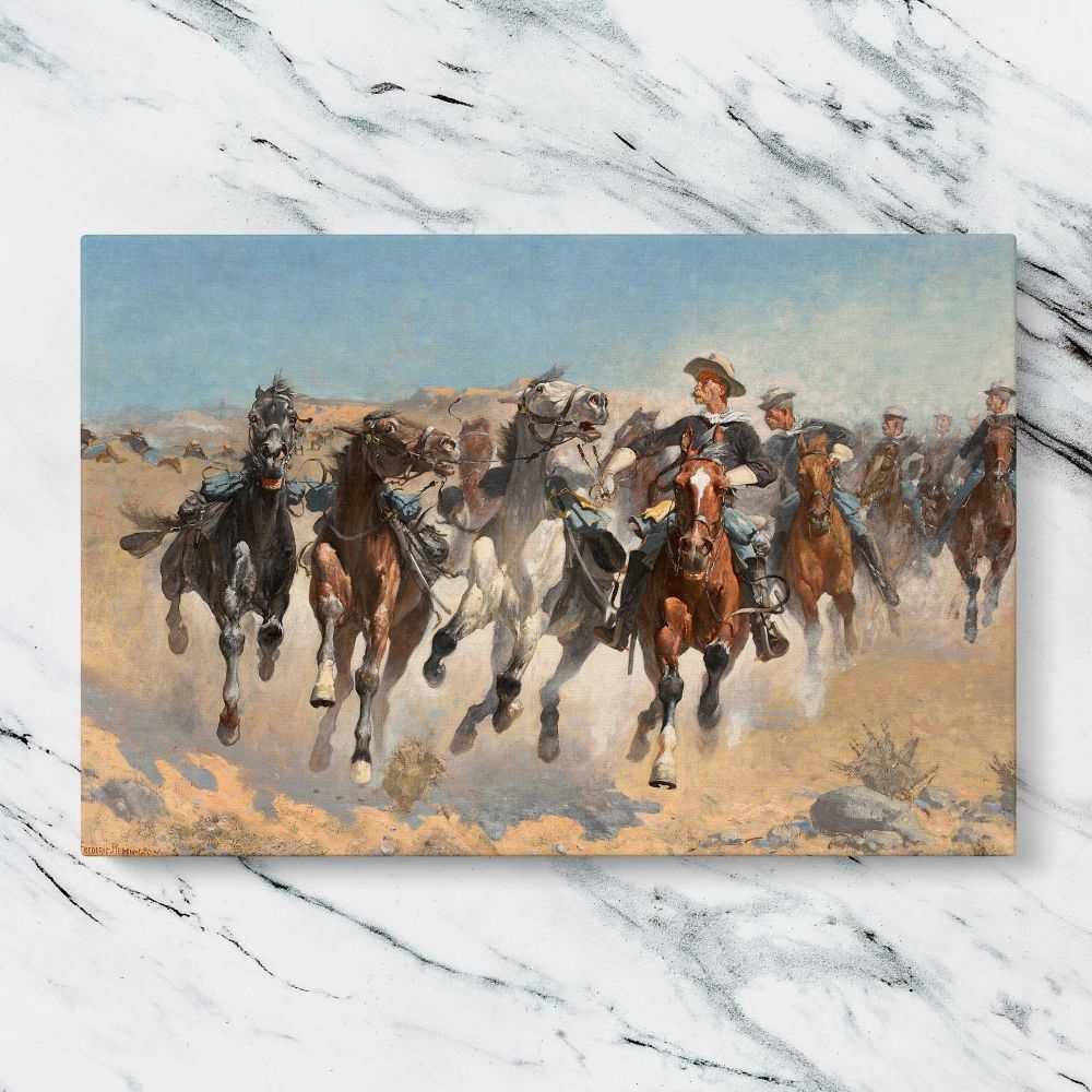 Dismounted The Fourth Troopers Moving the Led Horses canvas artwork displayed on a marble background