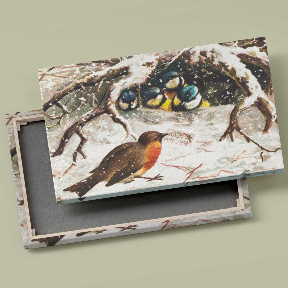 Vintage Winter Birds and Nest canvas front and rear frame view