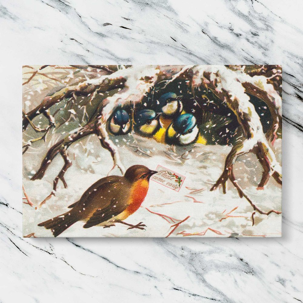 Vintage Winter Birds and Nest canvas artwork displayed on a marble background