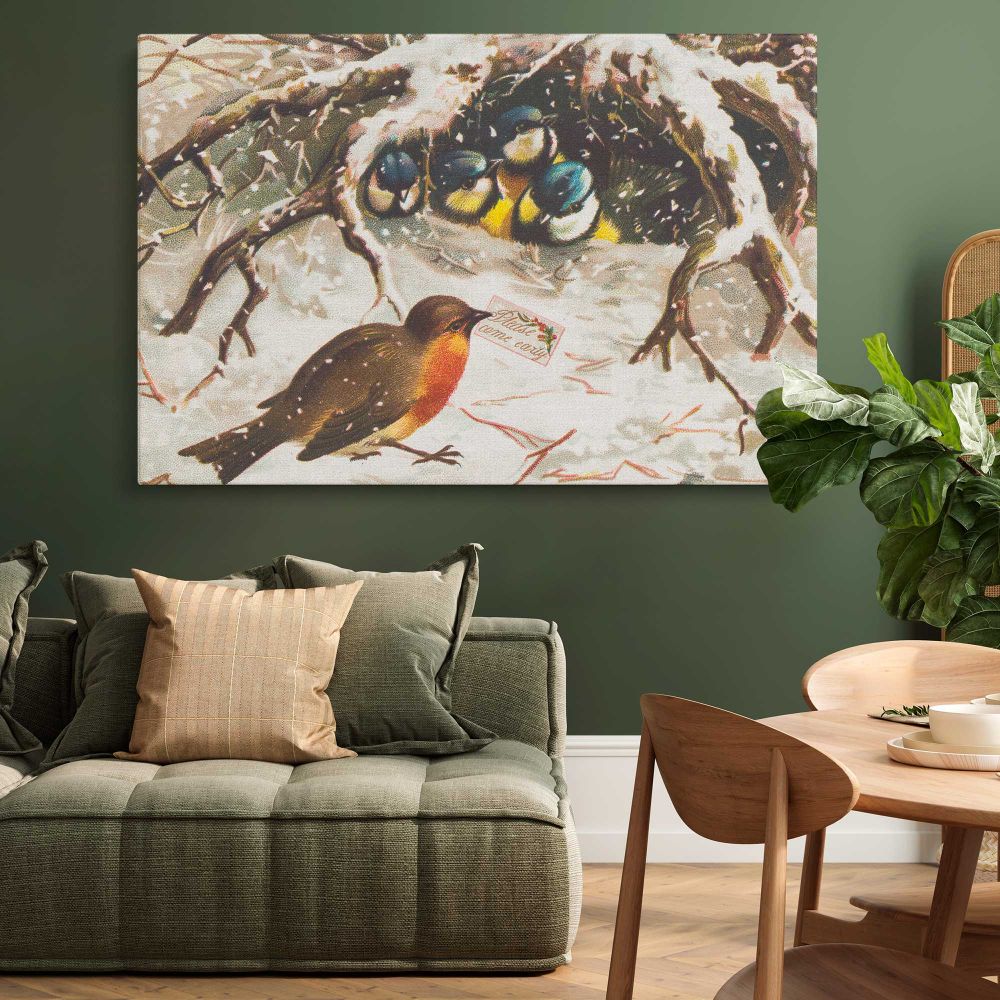 Vintage Winter Birds and Nest canvas wall art in room setting 4