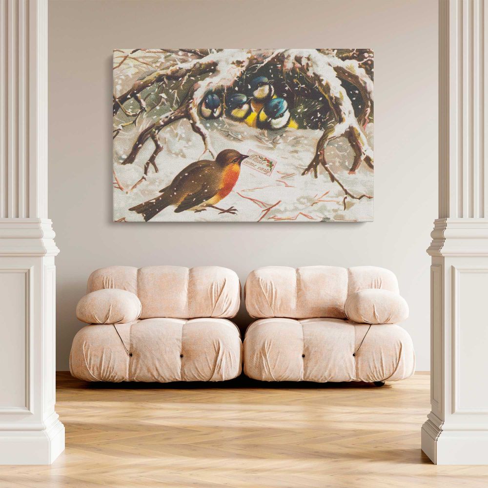 Vintage Winter Birds and Nest canvas wall art in room setting 5