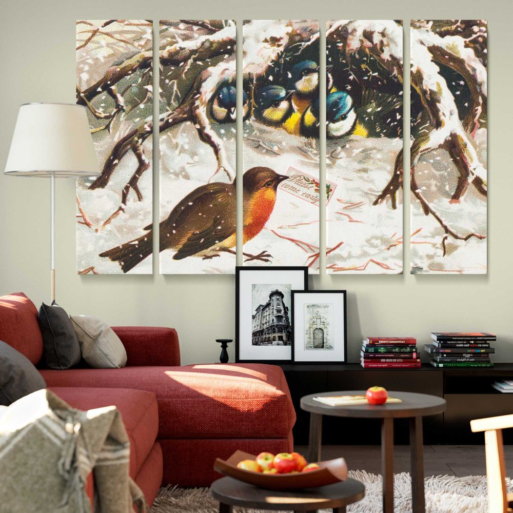 Vintage Winter Birds and Nest canvas wall art in room setting 6