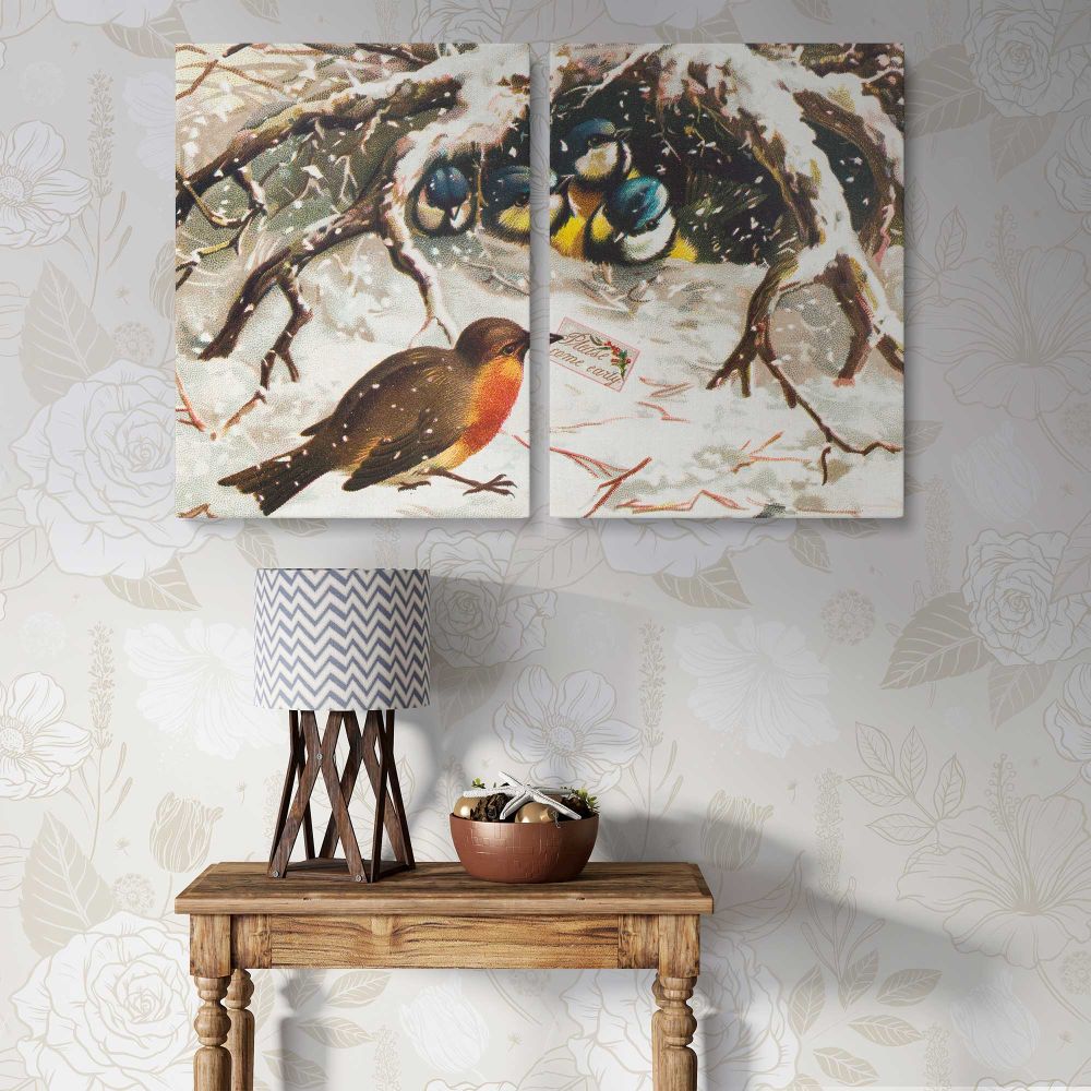 Vintage Winter Birds and Nest canvas wall art in room setting 7