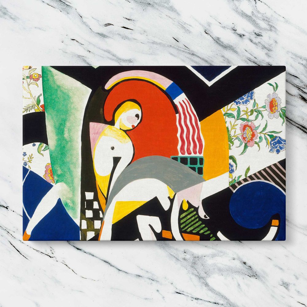 Colourful Abstract Figures and Floral Shapes canvas artwork displayed on a marble background