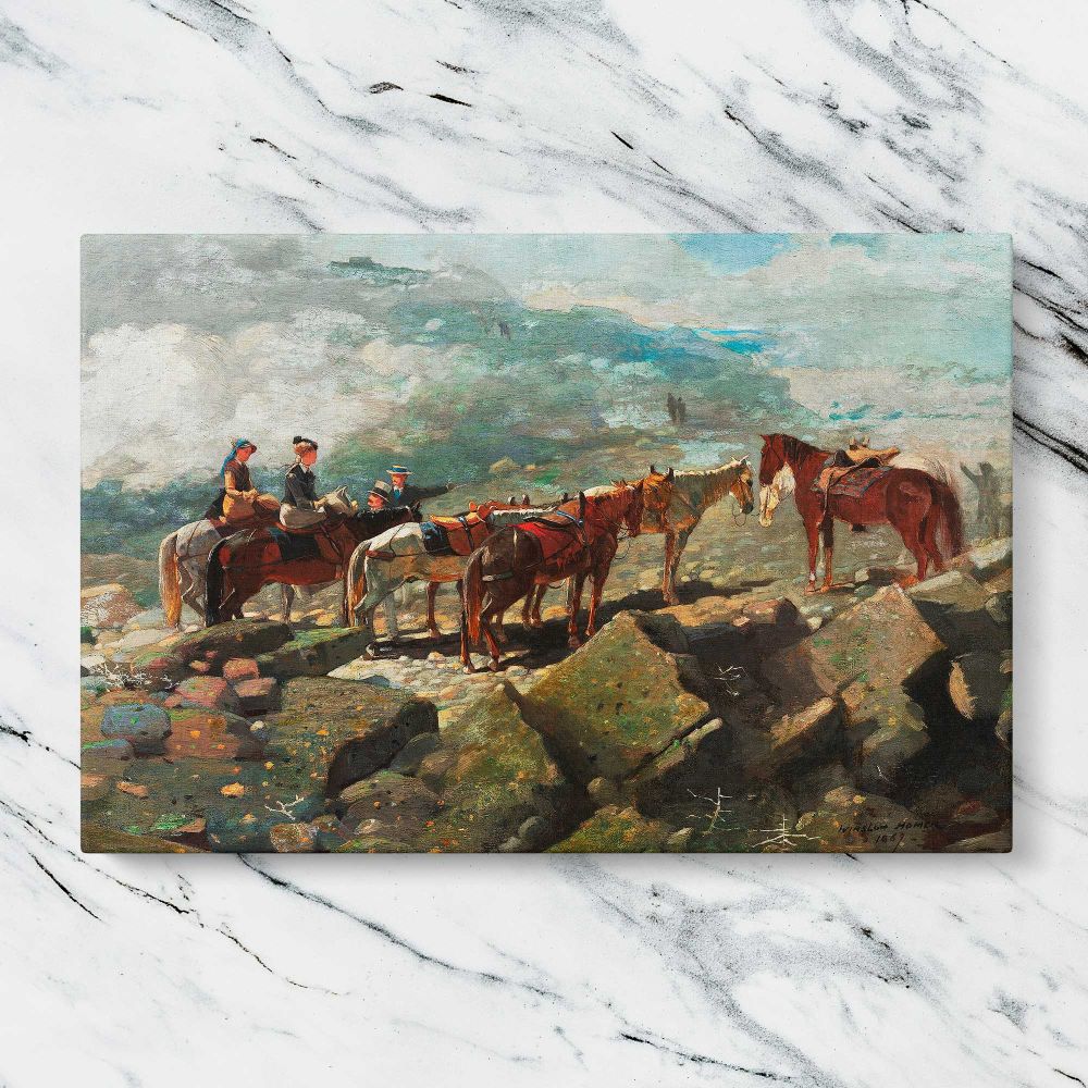 Ox Team beside a Rocky Shore canvas artwork displayed on a marble background