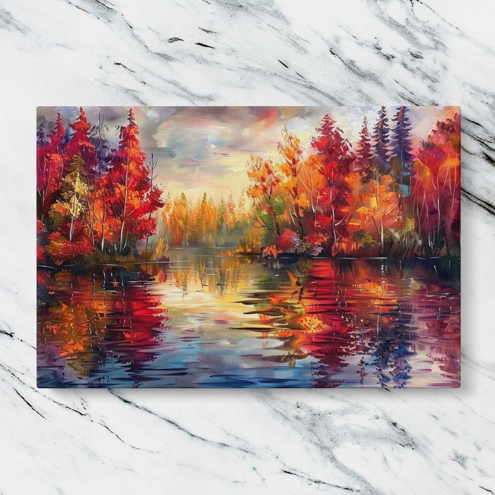 Colourful Autumn Forest Reflections canvas artwork displayed on a marble background