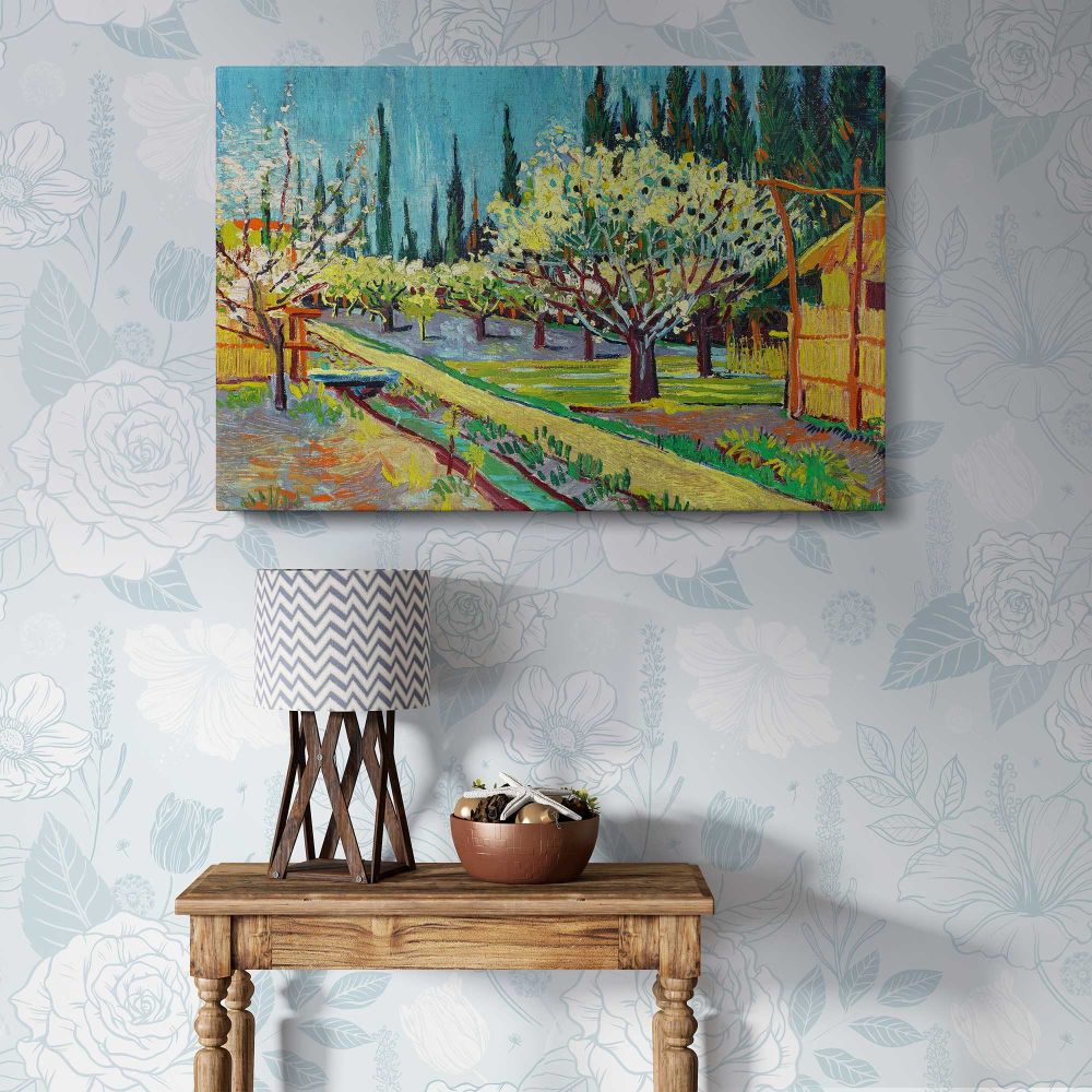 Orchard Bordered by Cypresses canvas wall art in room setting 7