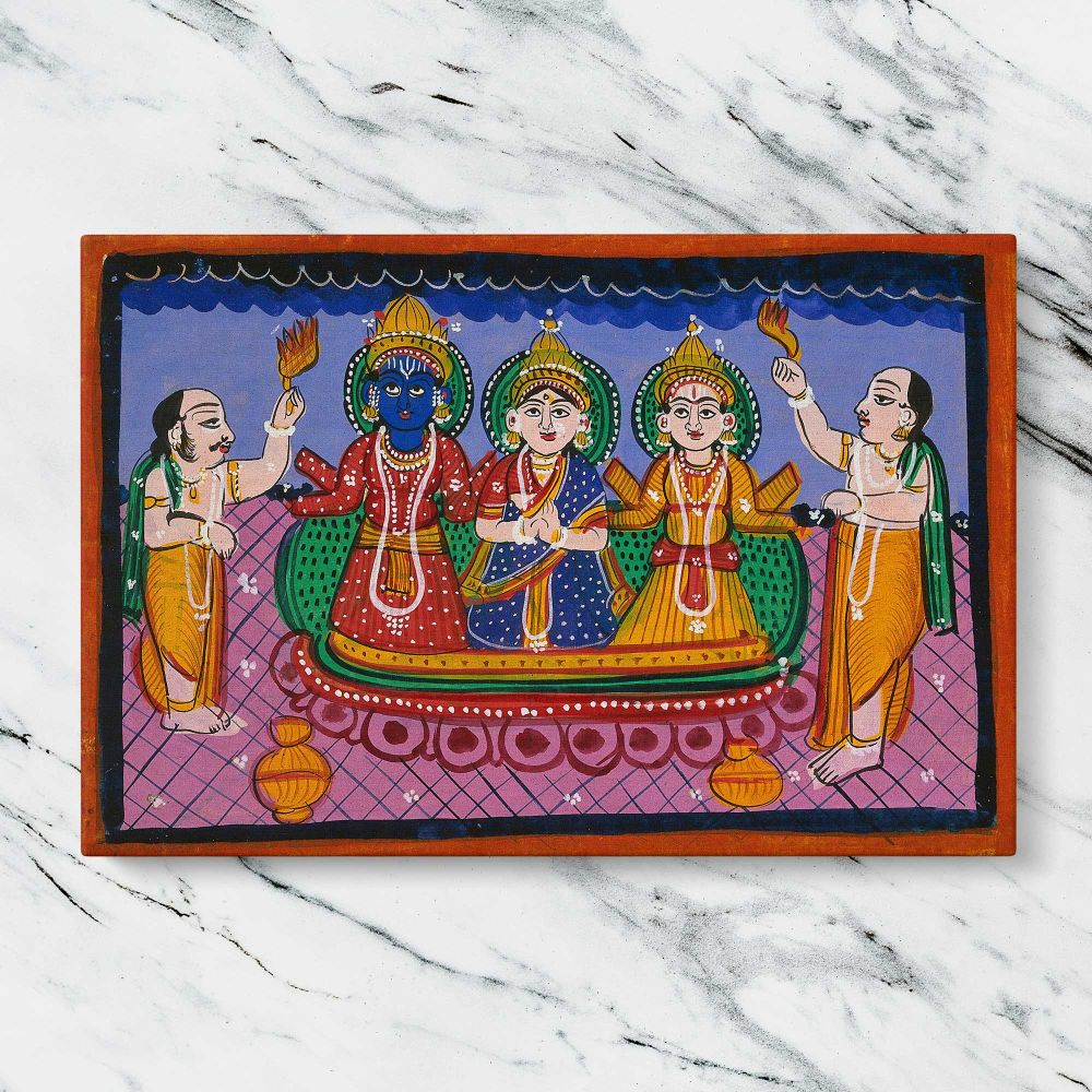 Krishna Rukmini and Balarama with Worshippers canvas artwork displayed on a marble background