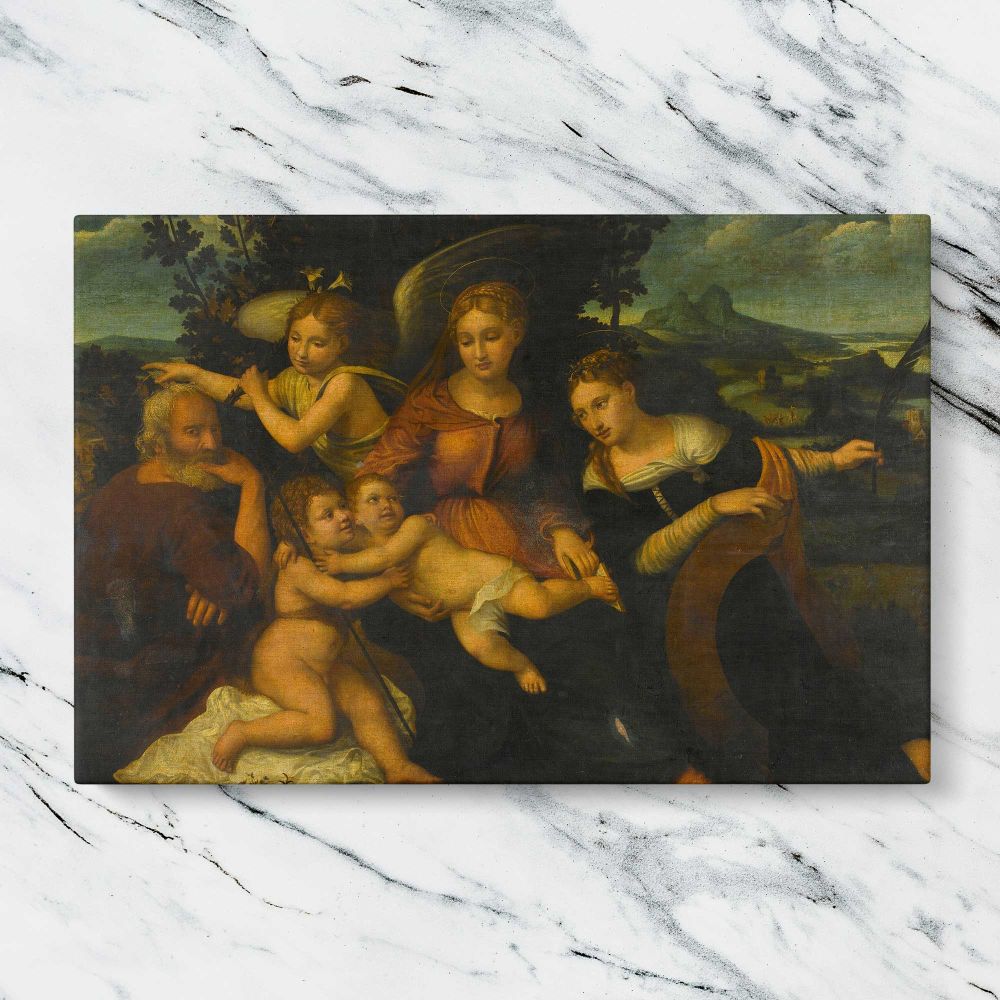 Holy Family with Saint Catherine canvas artwork displayed on a marble background
