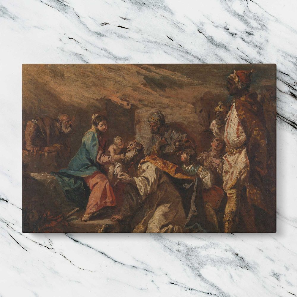Adoration of the Magi canvas artwork displayed on a marble background