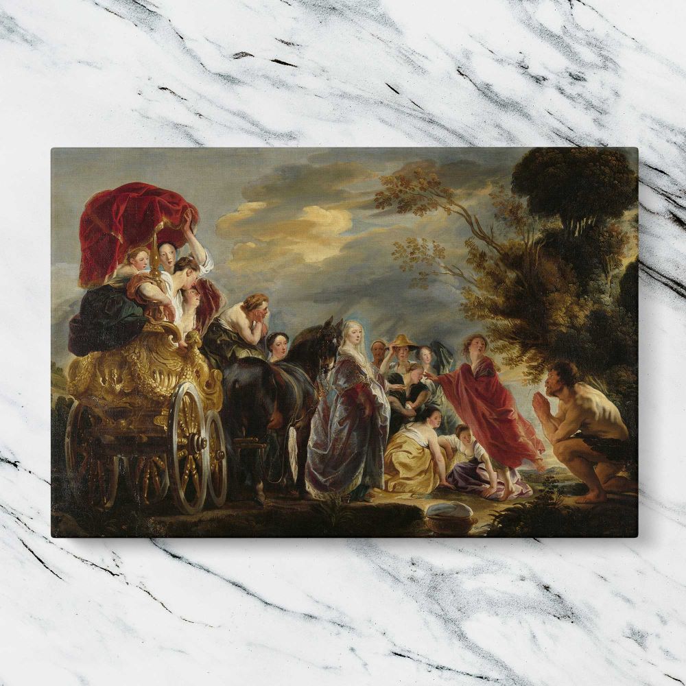 The Meeting of Odysseus and Nausicaa canvas artwork displayed on a marble background