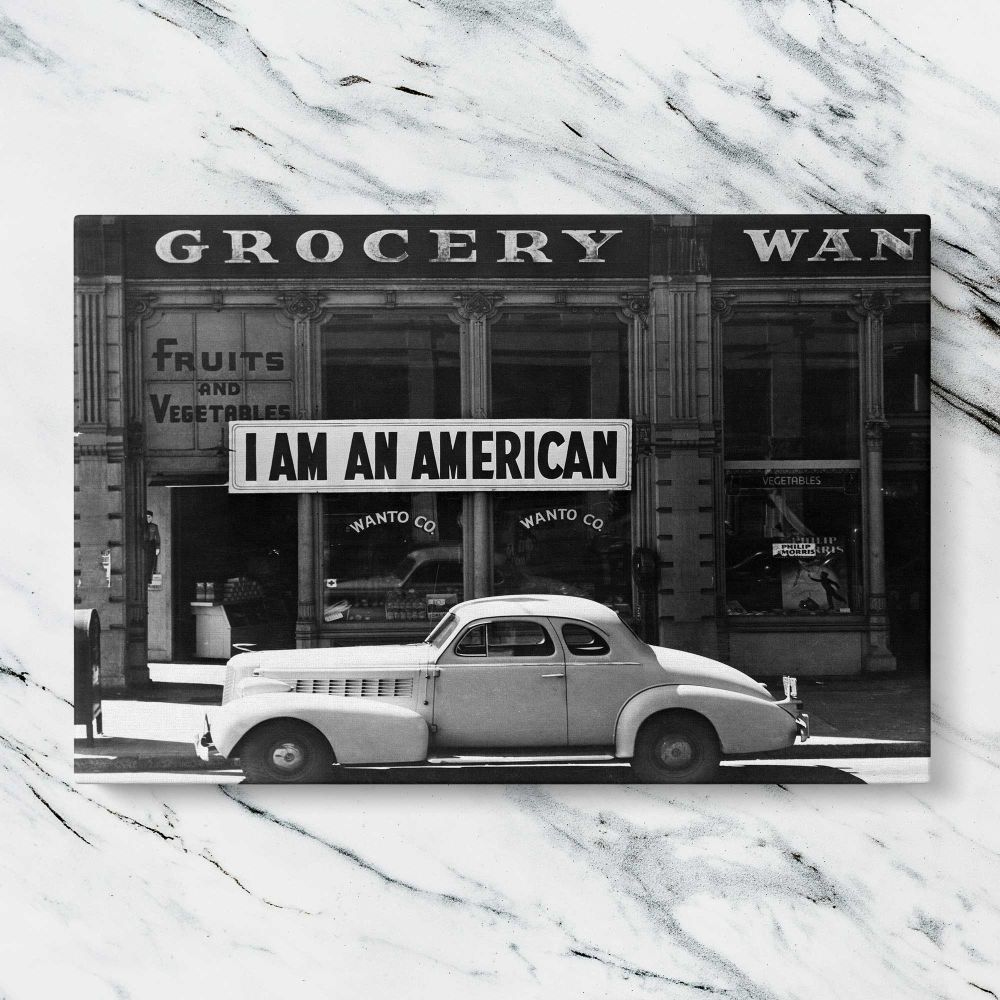 I Am an American Vintage Street Photograph canvas artwork displayed on a marble background
