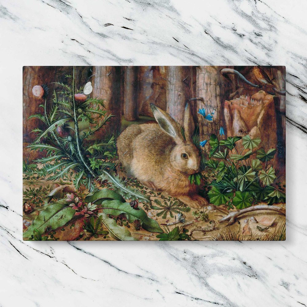A Hare in the Forest canvas artwork displayed on a marble background