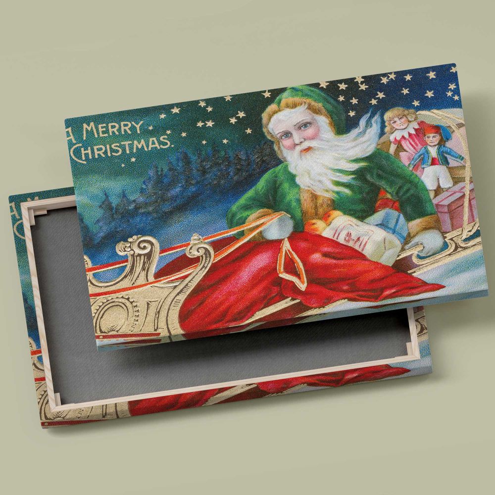 Vintage Santa Claus Christmas Greeting canvas front and rear frame view