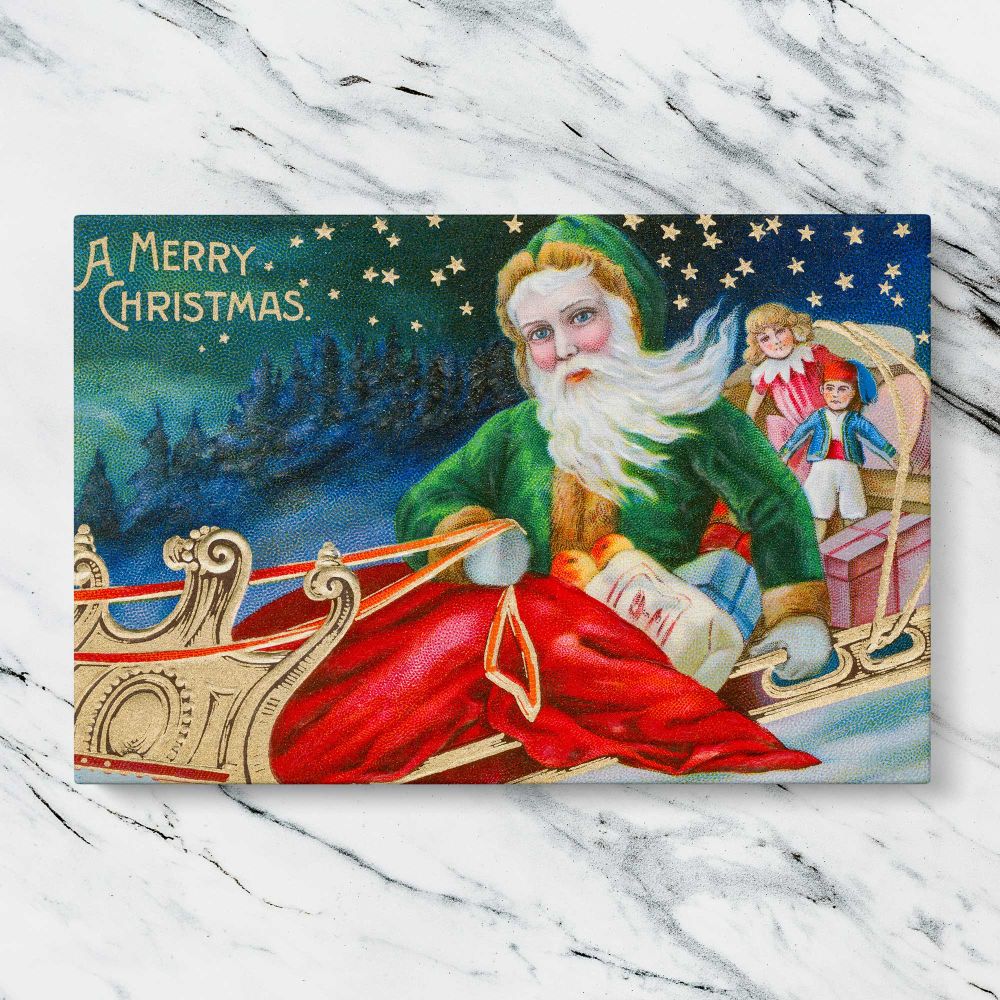 Vintage Santa Claus Christmas Greeting canvas artwork displayed on a marble background