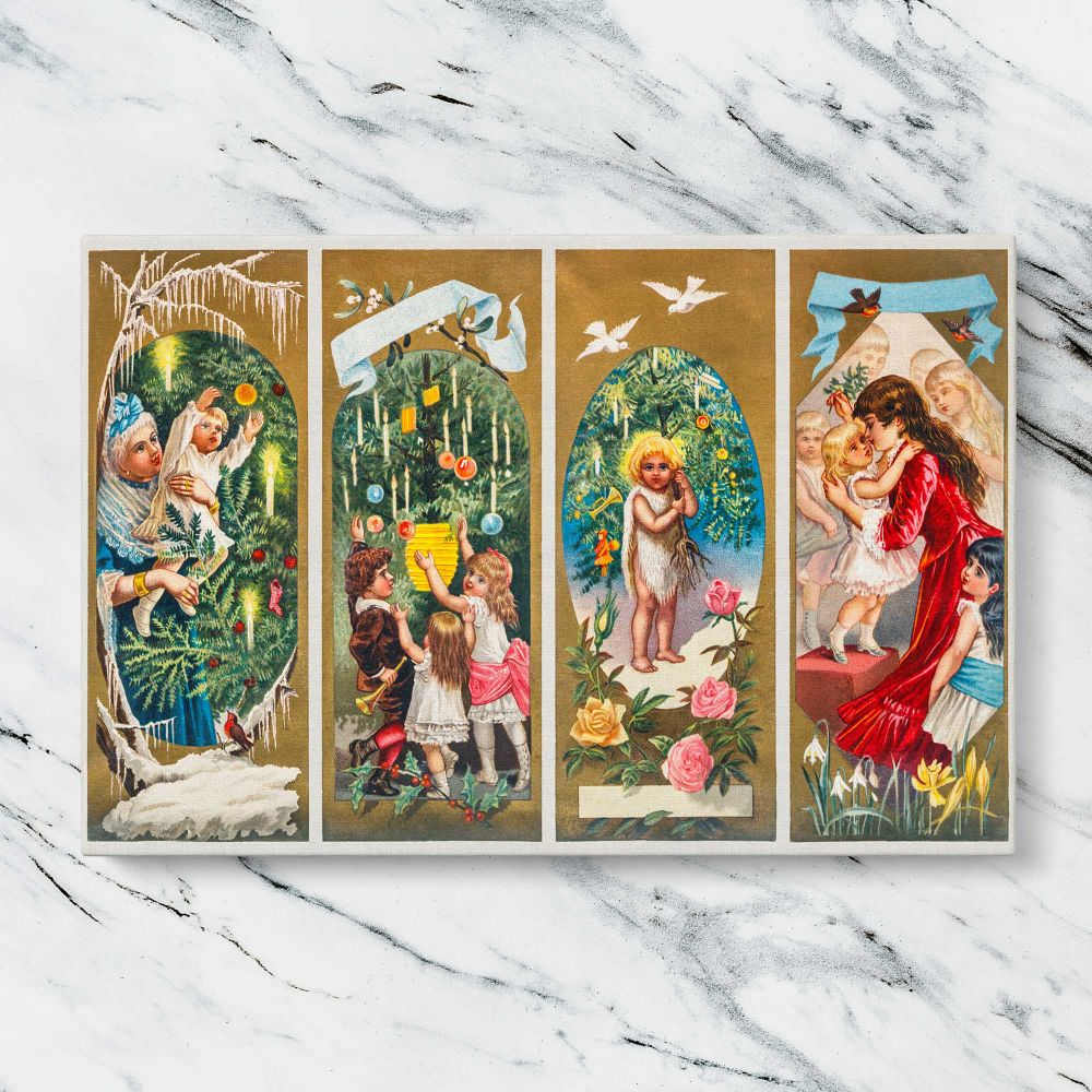 Victorian Christmas Angels and Family Panels canvas artwork displayed on a marble background