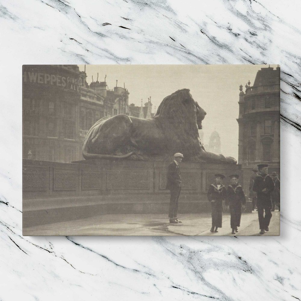 Trafalgar Square Lion Vintage Photograph canvas artwork displayed on a marble background