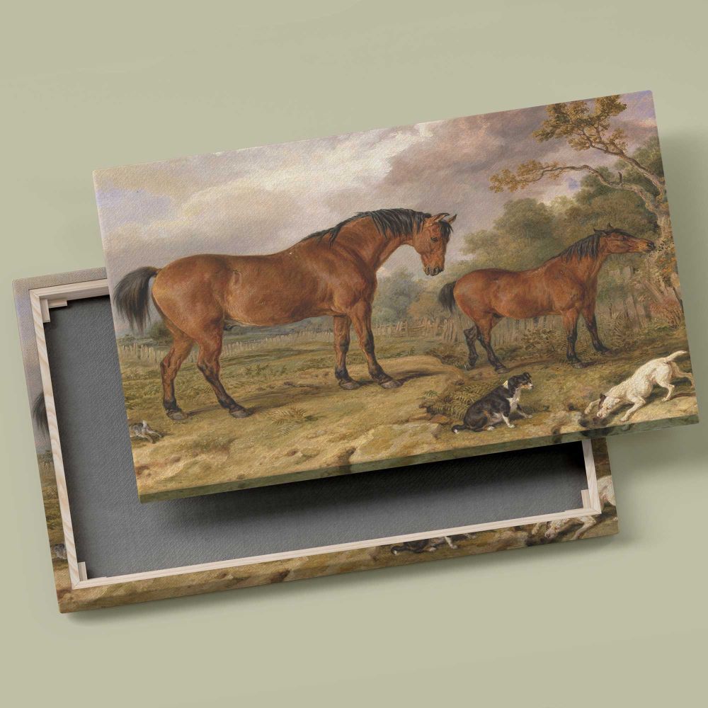 Horses and Dogs in a Pastoral Landscape canvas front and rear frame view