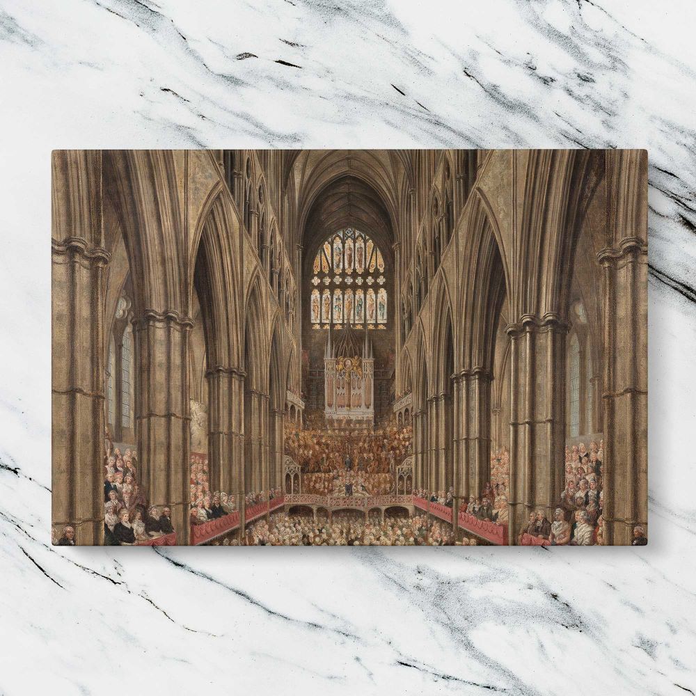 Gothic Cathedral Interior canvas artwork displayed on a marble background