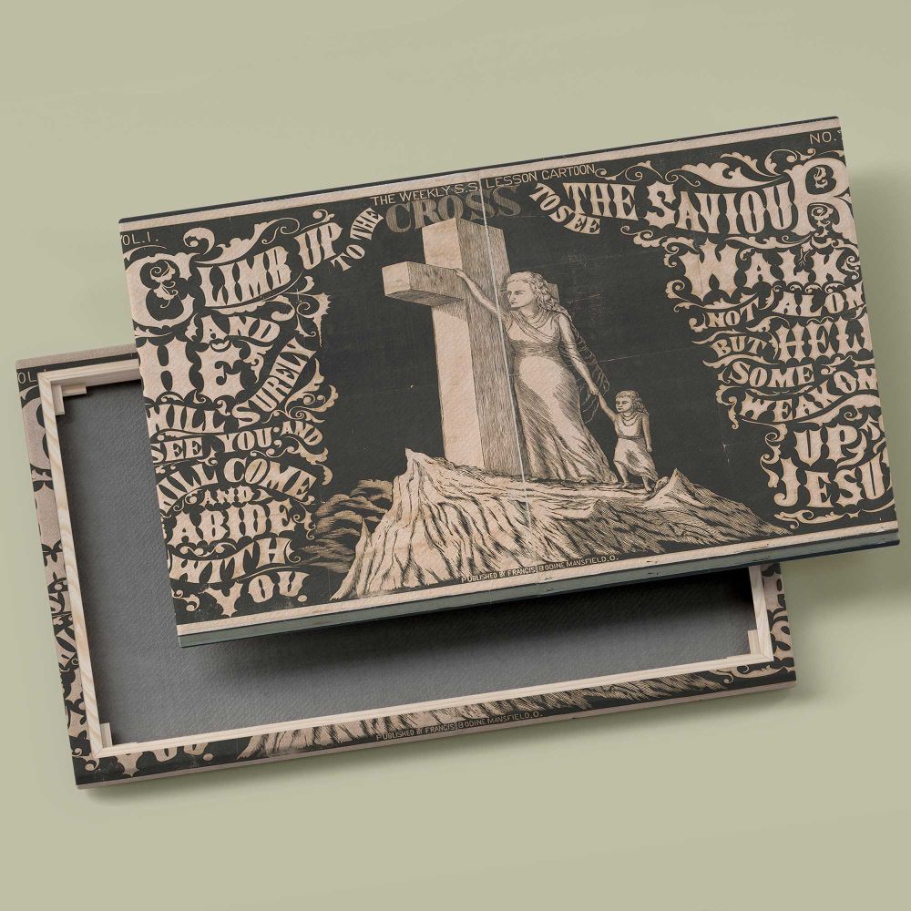 Climb up the Cross Vintage Christian Illustration canvas front and rear frame view