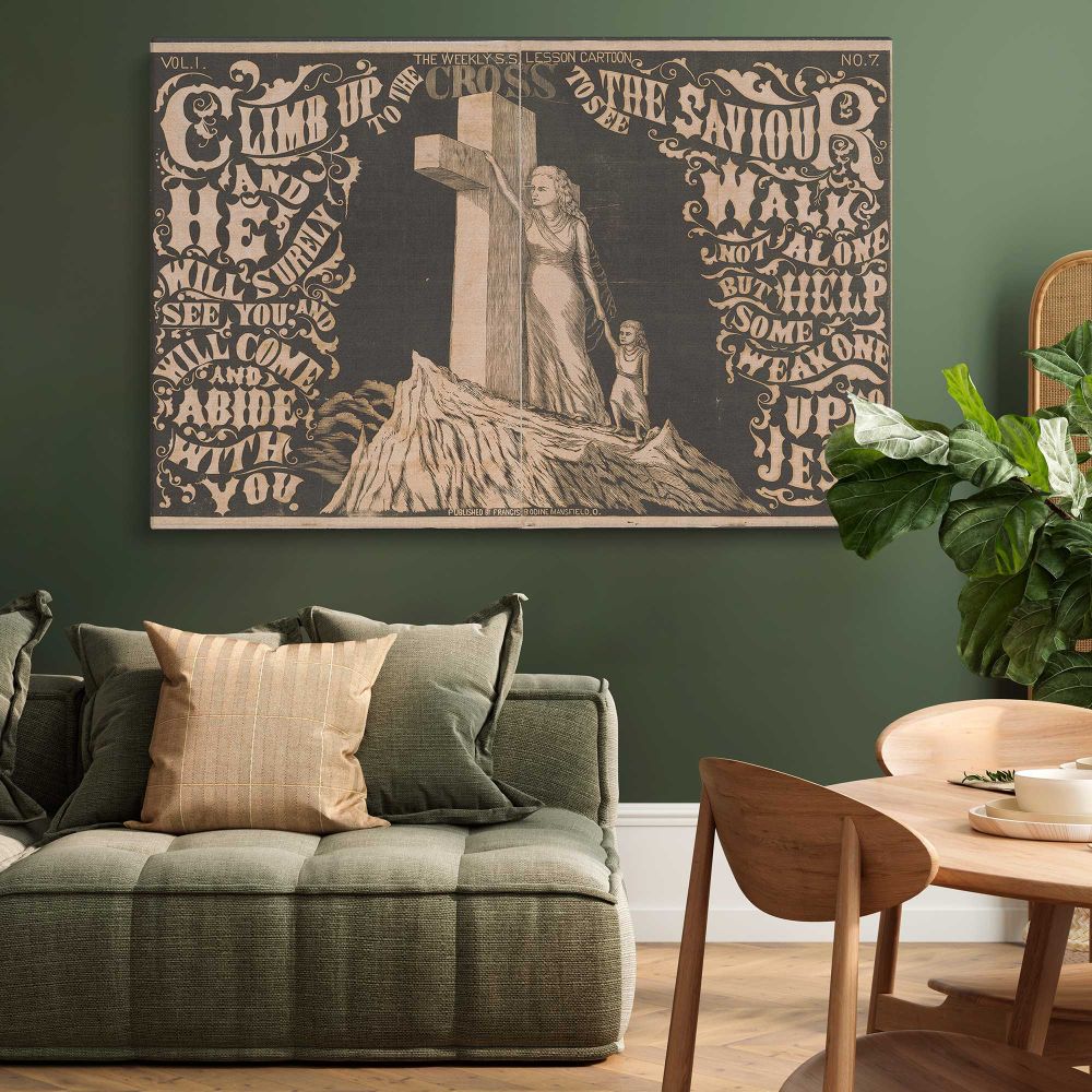 Climb up the Cross Vintage Christian Illustration canvas wall art in room setting 4