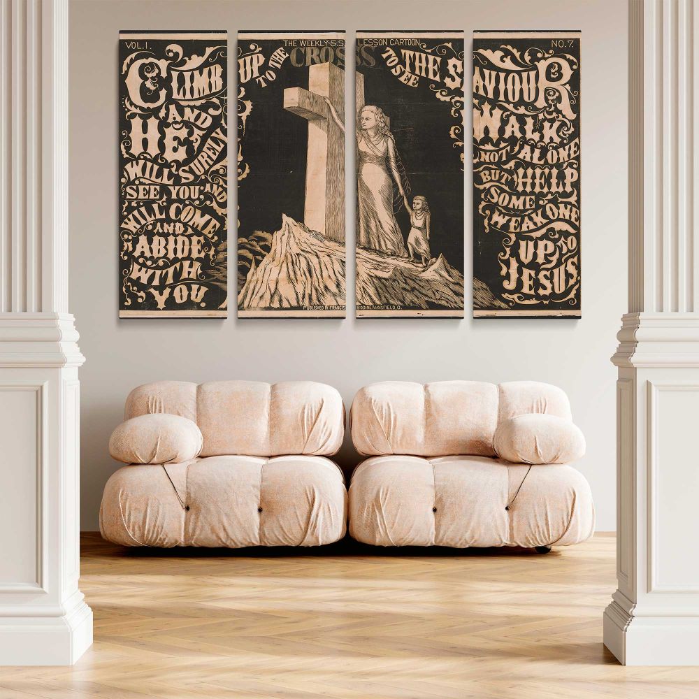 Climb up the Cross Vintage Christian Illustration canvas wall art in room setting 5