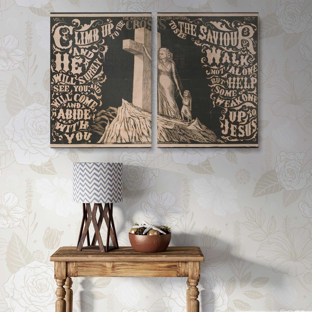 Climb up the Cross Vintage Christian Illustration canvas wall art in room setting 7
