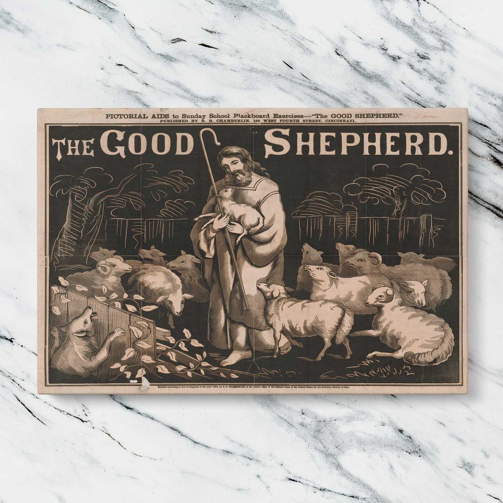 The Good Shepherd Vintage Christian Illustration canvas artwork displayed on a marble background