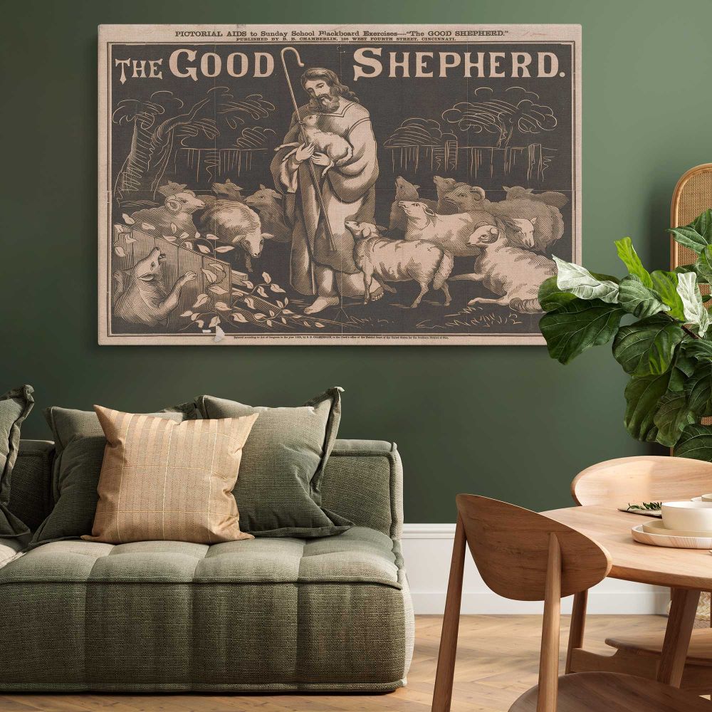 The Good Shepherd Vintage Christian Illustration canvas wall art in room setting 4