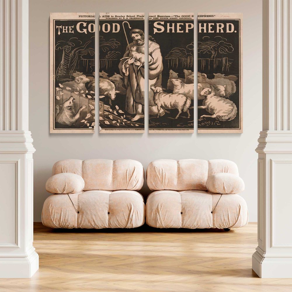 The Good Shepherd Vintage Christian Illustration canvas wall art in room setting 5